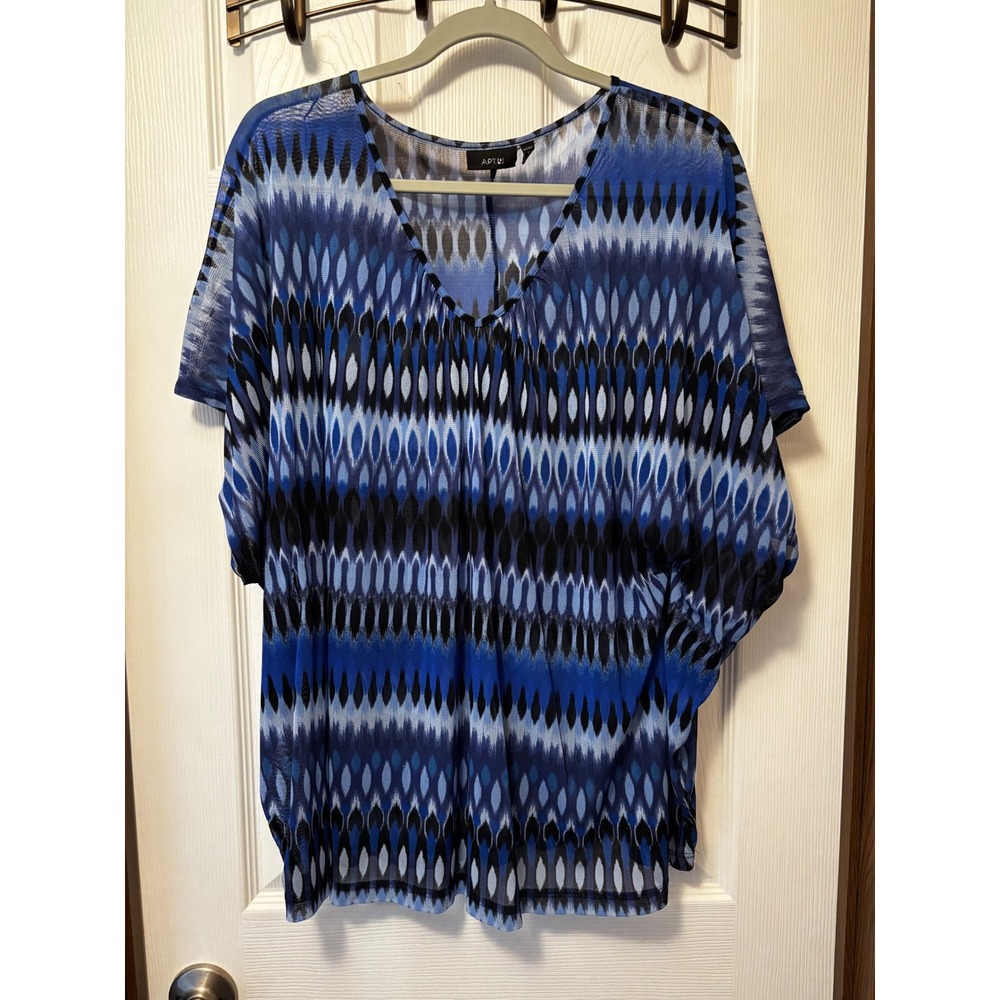 Apt. 9 Womens 0X Blue Black Geometric Ikat Dolman Sleeve V-Neck Mesh Top